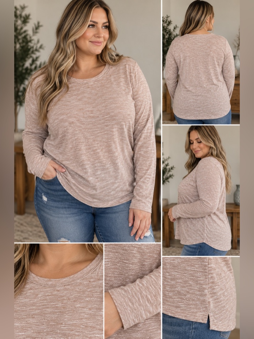 a.n.a A New Approach Women’s 1X Heathered Blush Long Sleeve Top - Taupe